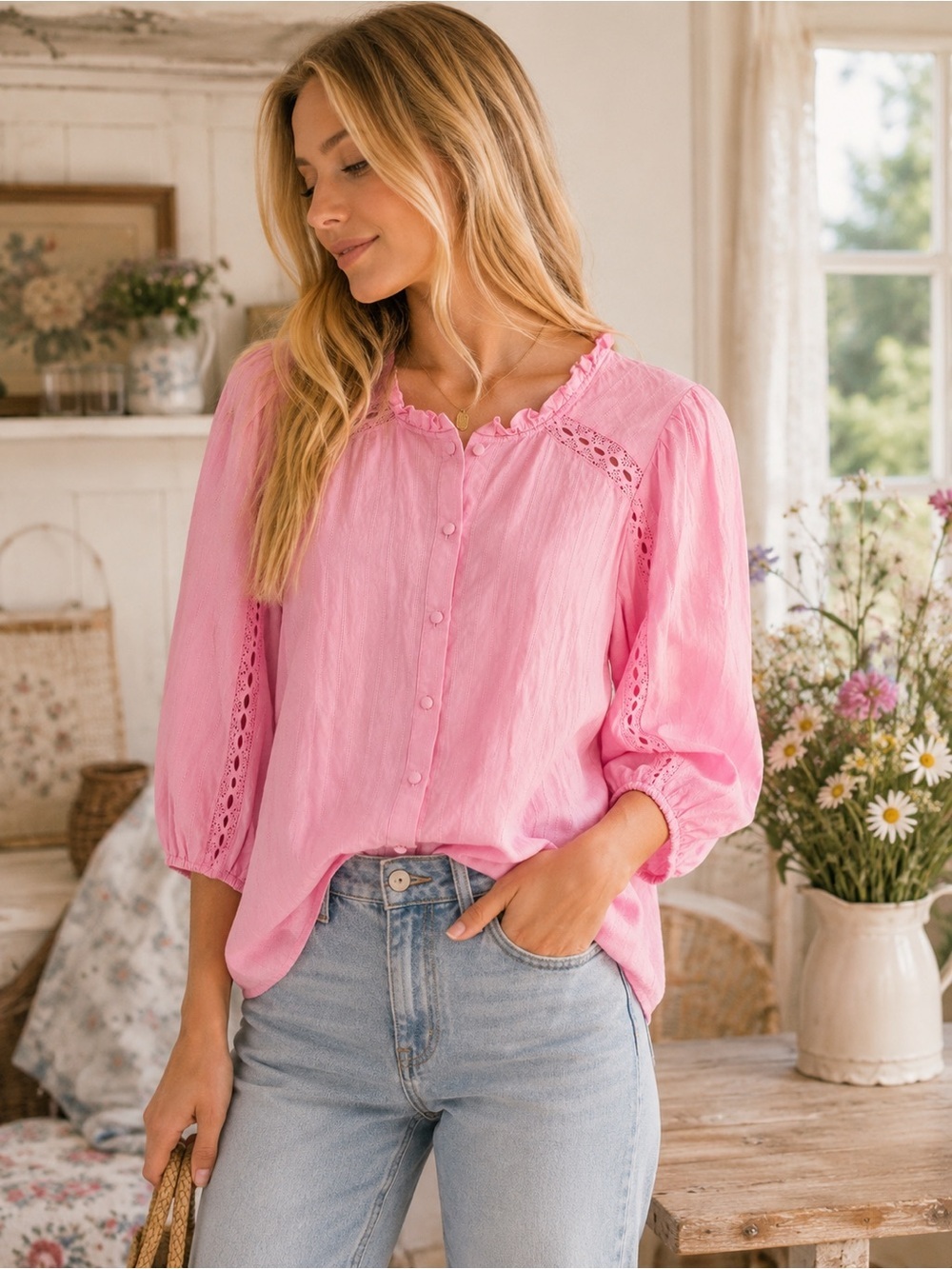 Zac & Rachel Petite Pink Blouse | Petite Medium | 100% Rayon | Cottagecore
